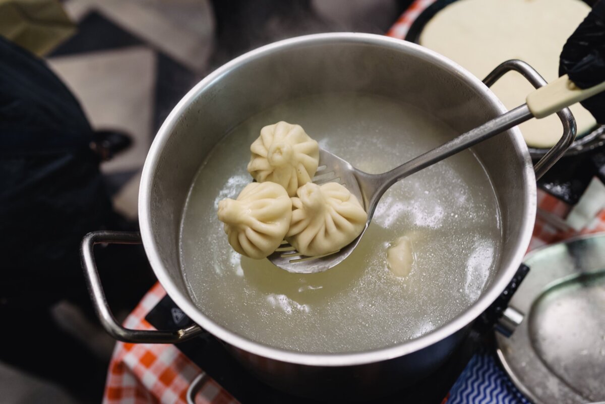 Georgian dumplings fished straight out of hot water