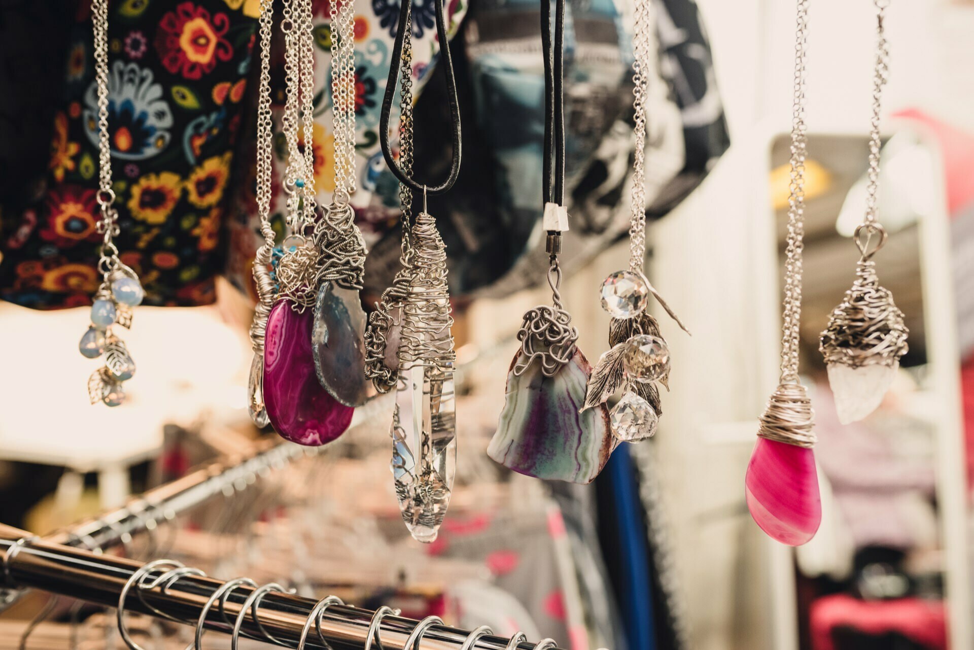 ornaments and amulets on silver chains