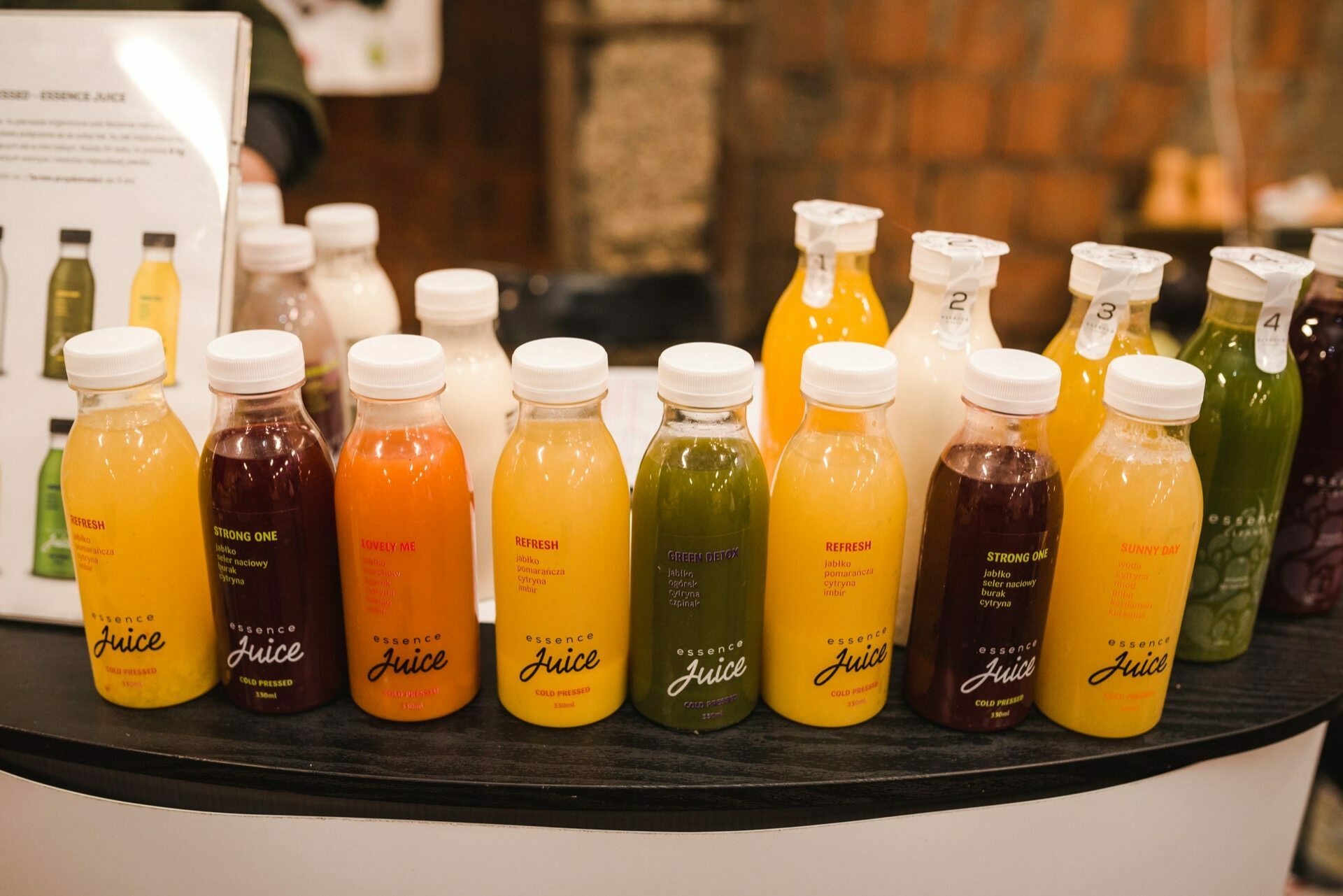 Healthy freshly squeezed juices in plastic bottles