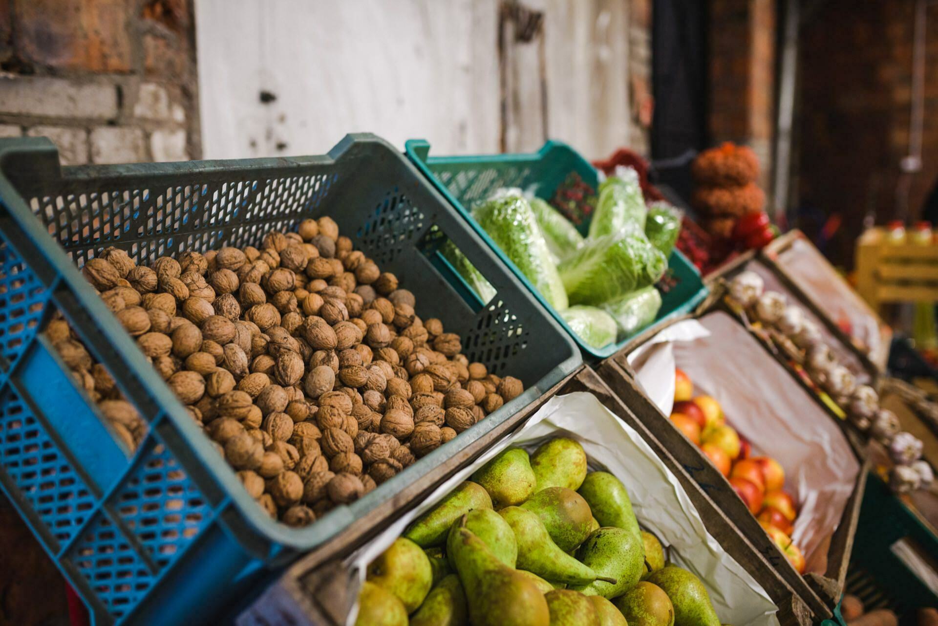 Crates of nuts and fruit