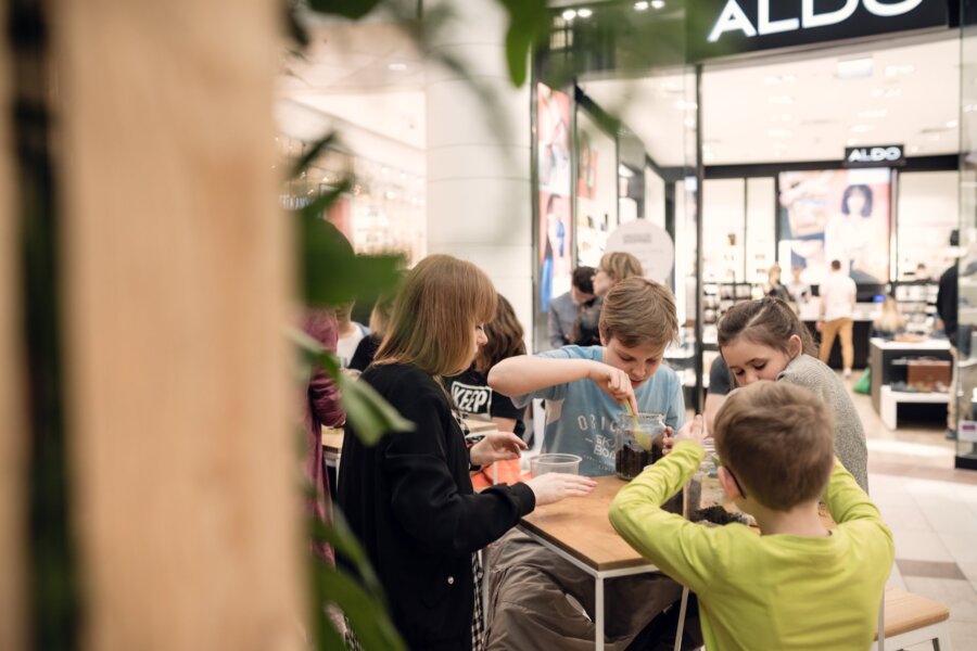 Children arrange plants in jars