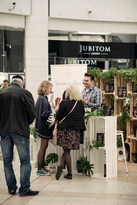 Stand made of wooden boxes painted white