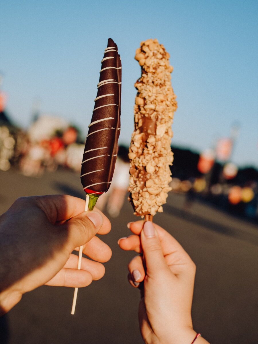 Chocolate covered peppers and banana with nuts