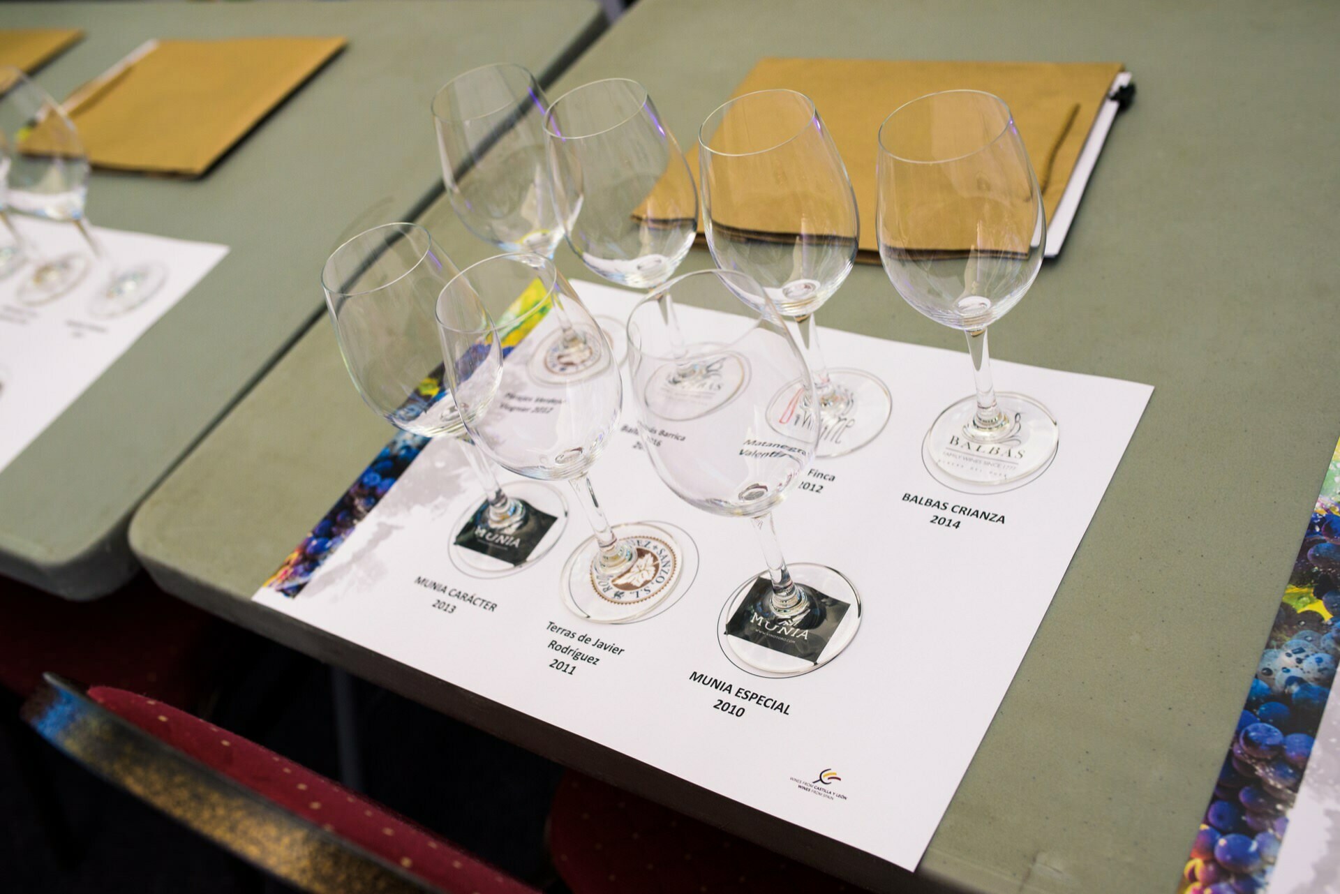 Wine glasses set on a sheet of paper with the names of the wines