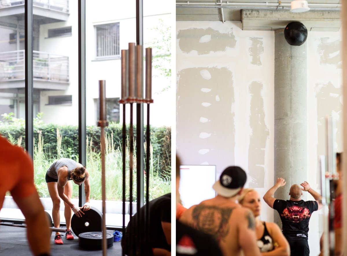 A girl choosing weights and a man throwing a medicine ball