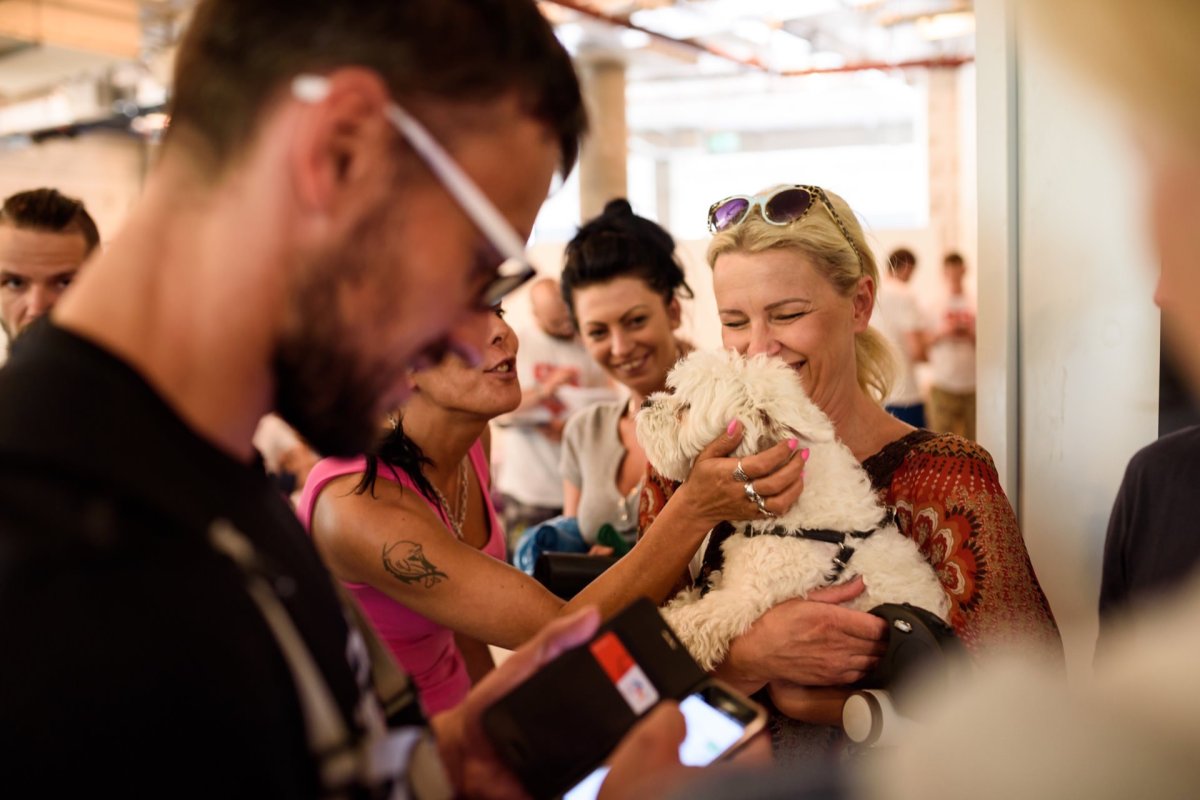 Woman with a white dog in her arms in a crowd of people