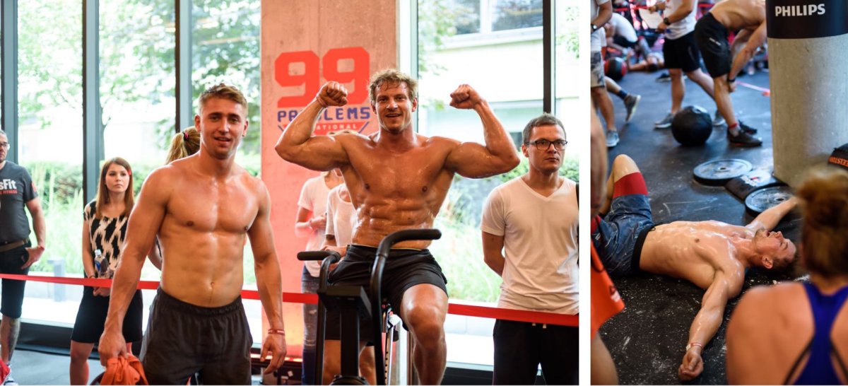 Sweaty crossfit athletes at 99 Problems competition at Reebok Fit Shop in Warsaw, Poland