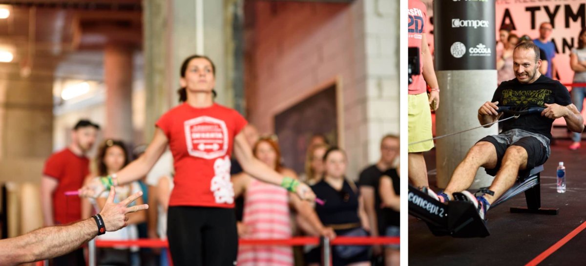 A girl jumping on a skipping rope and a man typing on a machine