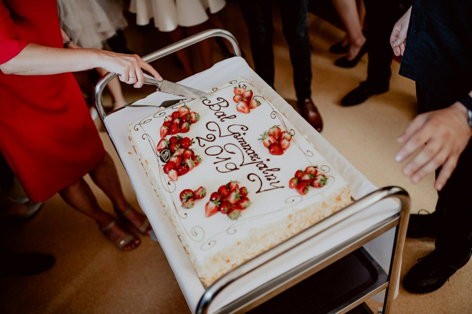 A person in a red dress cuts a large rectangular cake decorated with strawberries and decorative icing, which reads "Gymnasium Ball 2019." This event photo shows the cake on a metal cart with several people visible in the background. 