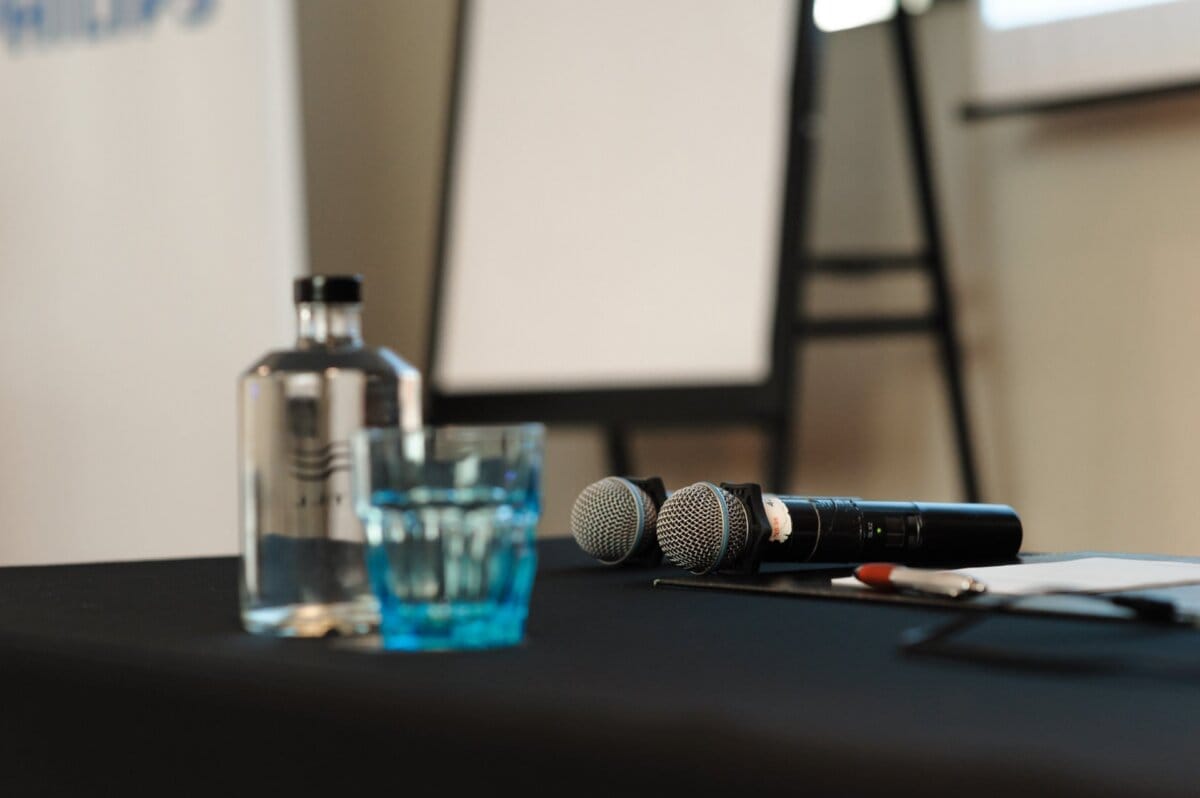 Microphones on a black table