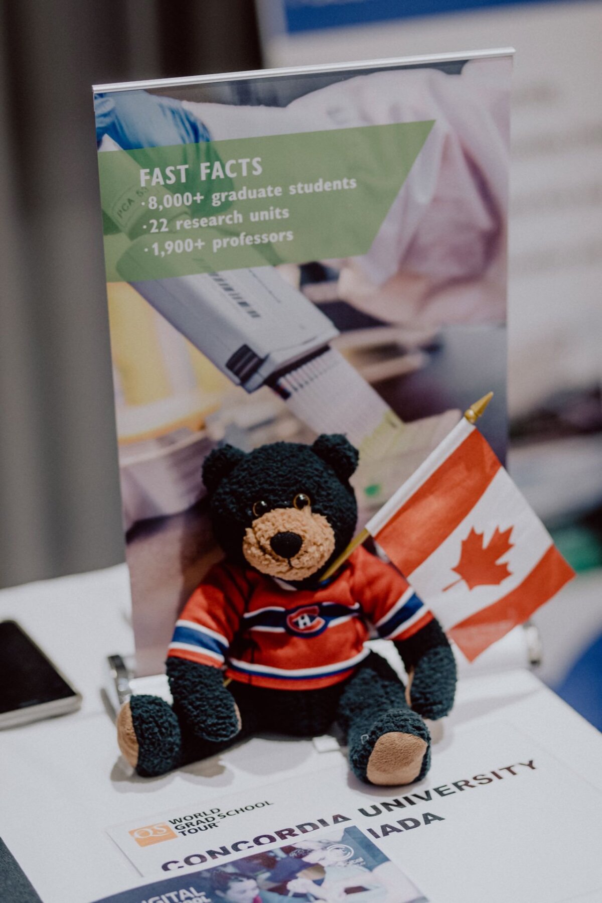 A stuffed bear in a sports jersey sits holding a small Canadian flag. Behind him, a plaque that reads "FAST FACTS" details doctoral students, research units and professors. On the table is a placard reading "CONCORDIA UNIVERSITY, CANADA," which captures the essence of event photography.  