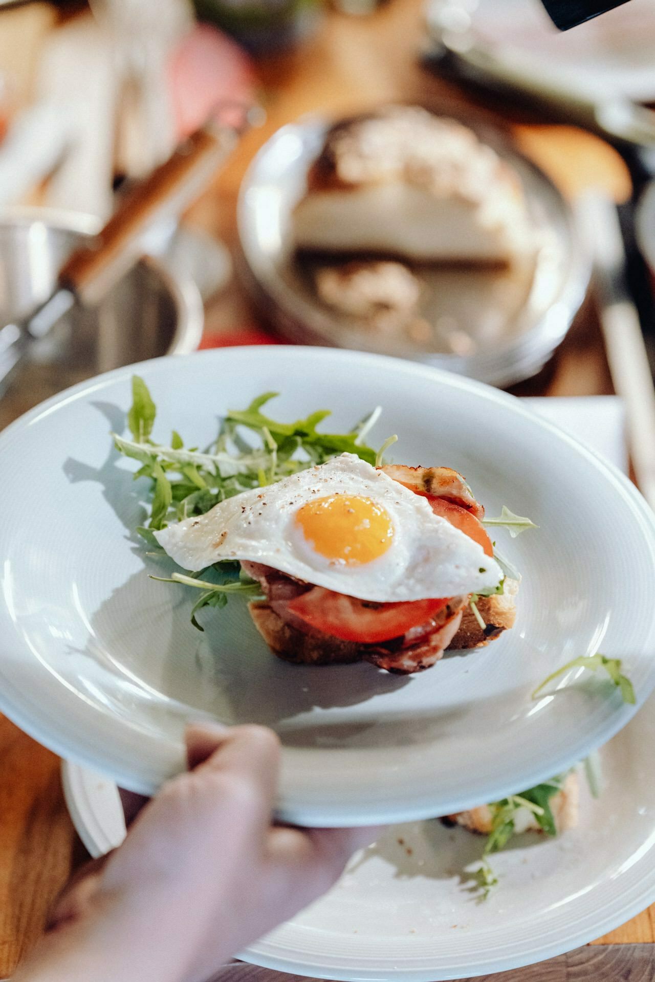 A person holds a white plate on which a portion of toast with a fried egg, tomato slices, avocado and arugula leaves lies. This event photo shows another plate with a smudged background on a wooden table. 