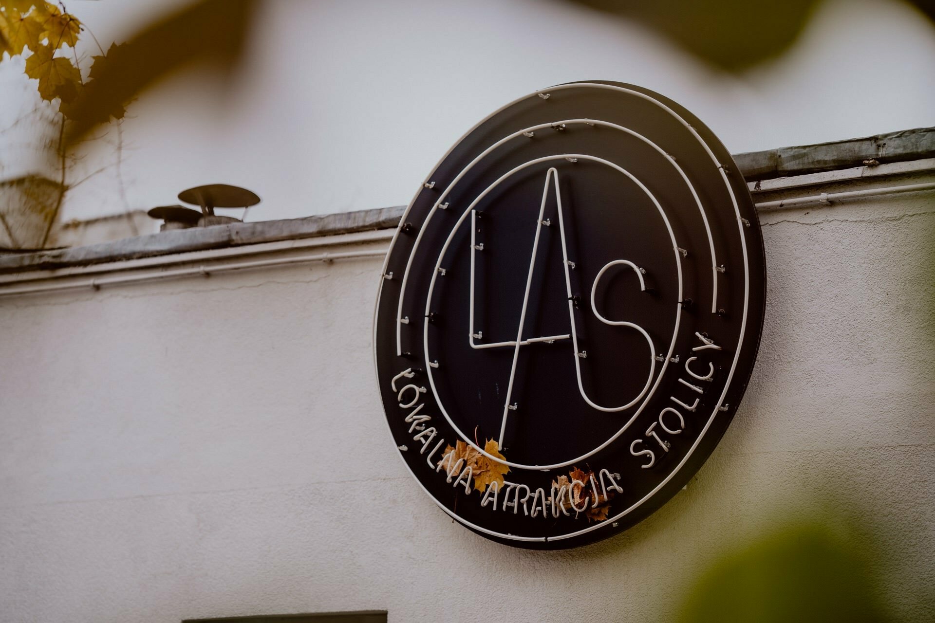 A circular black sign with white neon-like letters is mounted on a light-colored wall. In the center of the sign are the letters "AS", and around the perimeter are "LOCAL ATTRACTION OF THE CITY". The leaves partially frame the image, making it look like the perfect backdrop for a press briefing.  