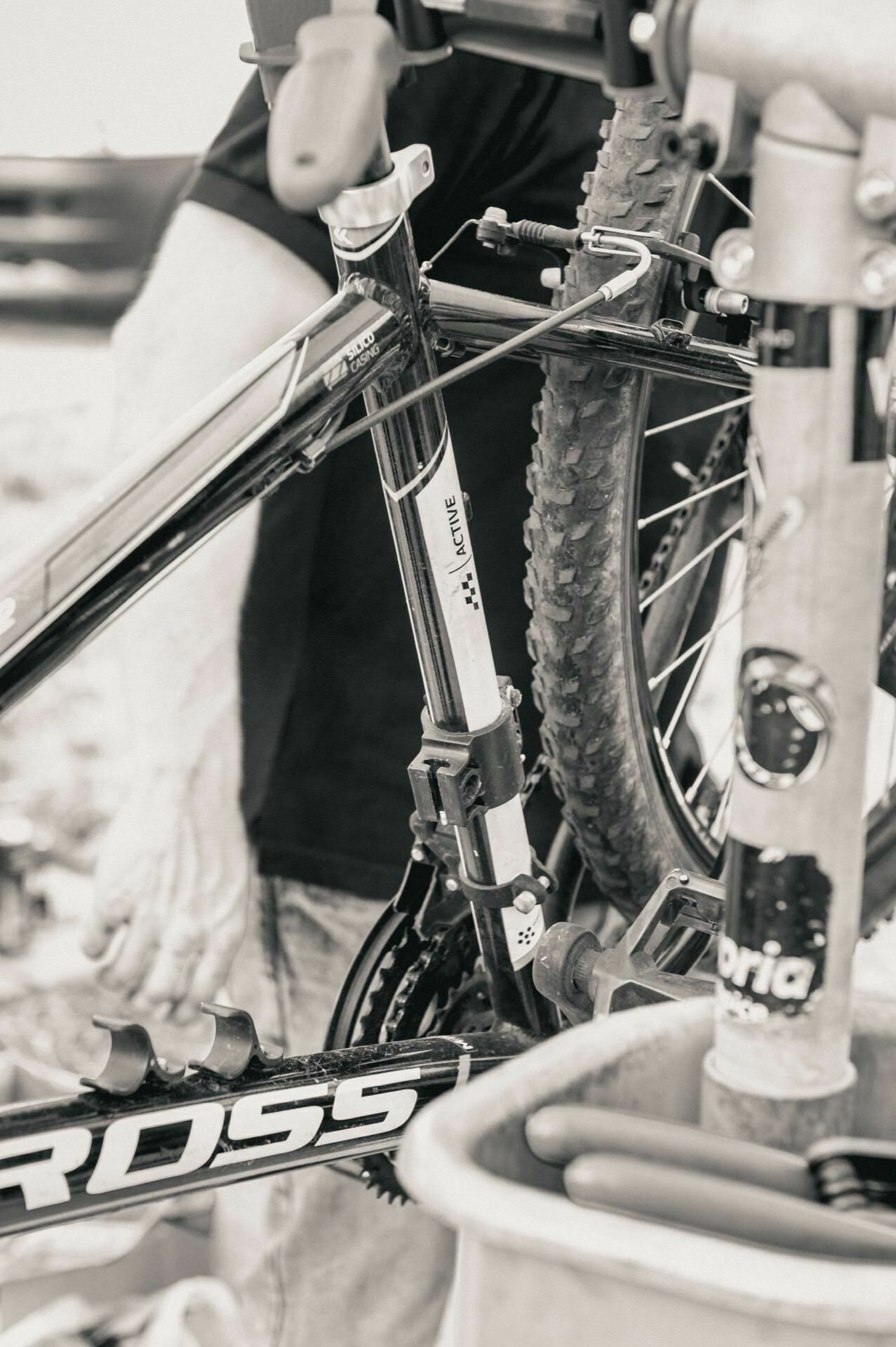 Black and white image of a bicycle being repaired. The bike is standing on a stand with the rear wheel raised. The person in the background is adjusting the chain and derailleurs on the bike. Part of the word "ROSS" can be seen on the bike's frame. Various tools can be seen in the foreground, creating the atmosphere of a photo fair.    