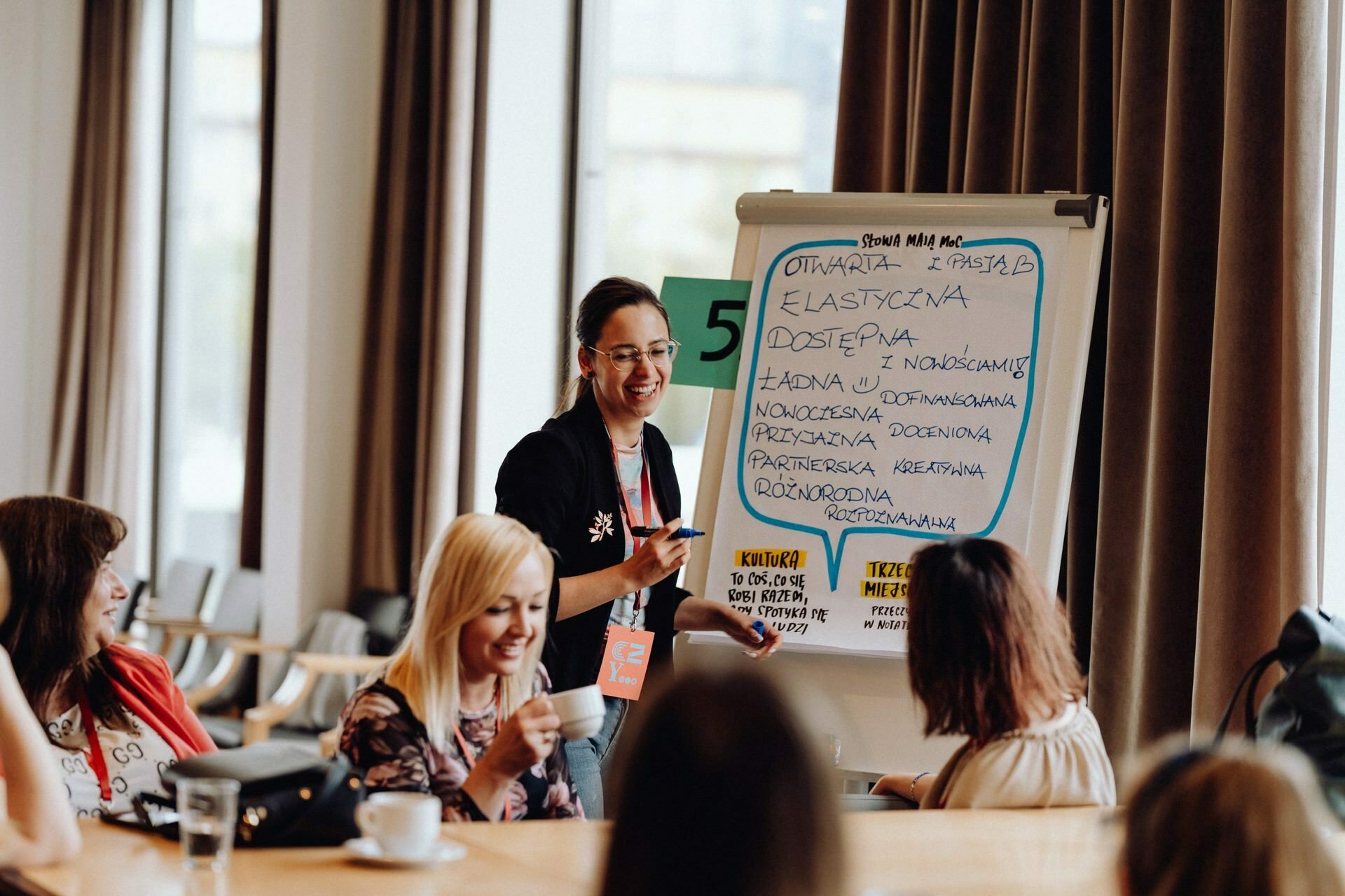 A woman stands and writes on a flipchart with a marker, interacting with a group of seated women. On the flipchart are various handwritten notes. The scenery captured by the *Warsaw photographer* resembles a casual meeting or workshop in a room with natural light streaming in through large windows.  