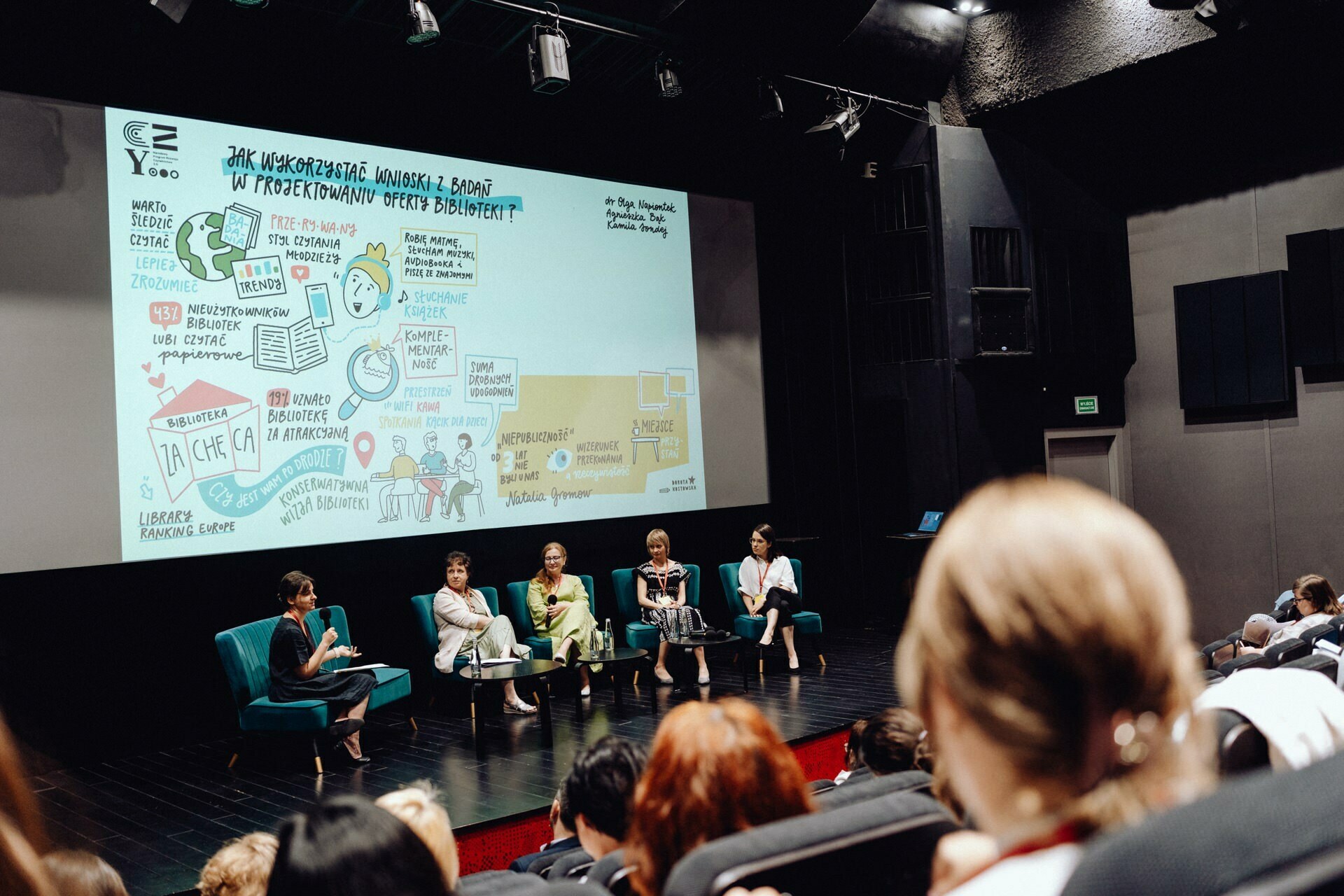 A group of five people sit on a stage in an auditorium and take part in a panel discussion. Behind them, a large screen displays colorful illustrations and text. The audience is watching intently. A photographer at the event captured the lively atmosphere, creating a wonderful photo report of the event that everyone will remember.   