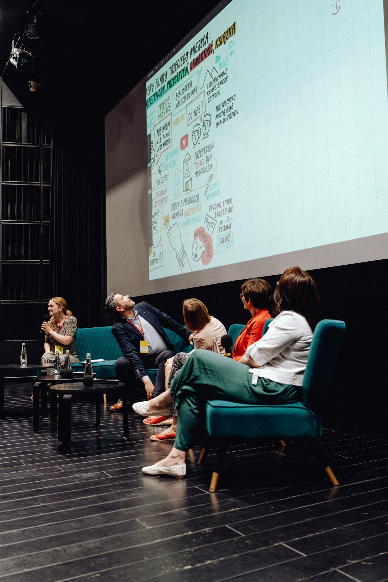 A group of five sits on the stage in front of a projected presentation. One person speaks into a microphone while the others look at a screen that displays a diagram with various illustrations and text. The location of the action seems to be a conference or seminar, as beautifully captured in a photo report of the event by a talented event photographer Warsaw.  