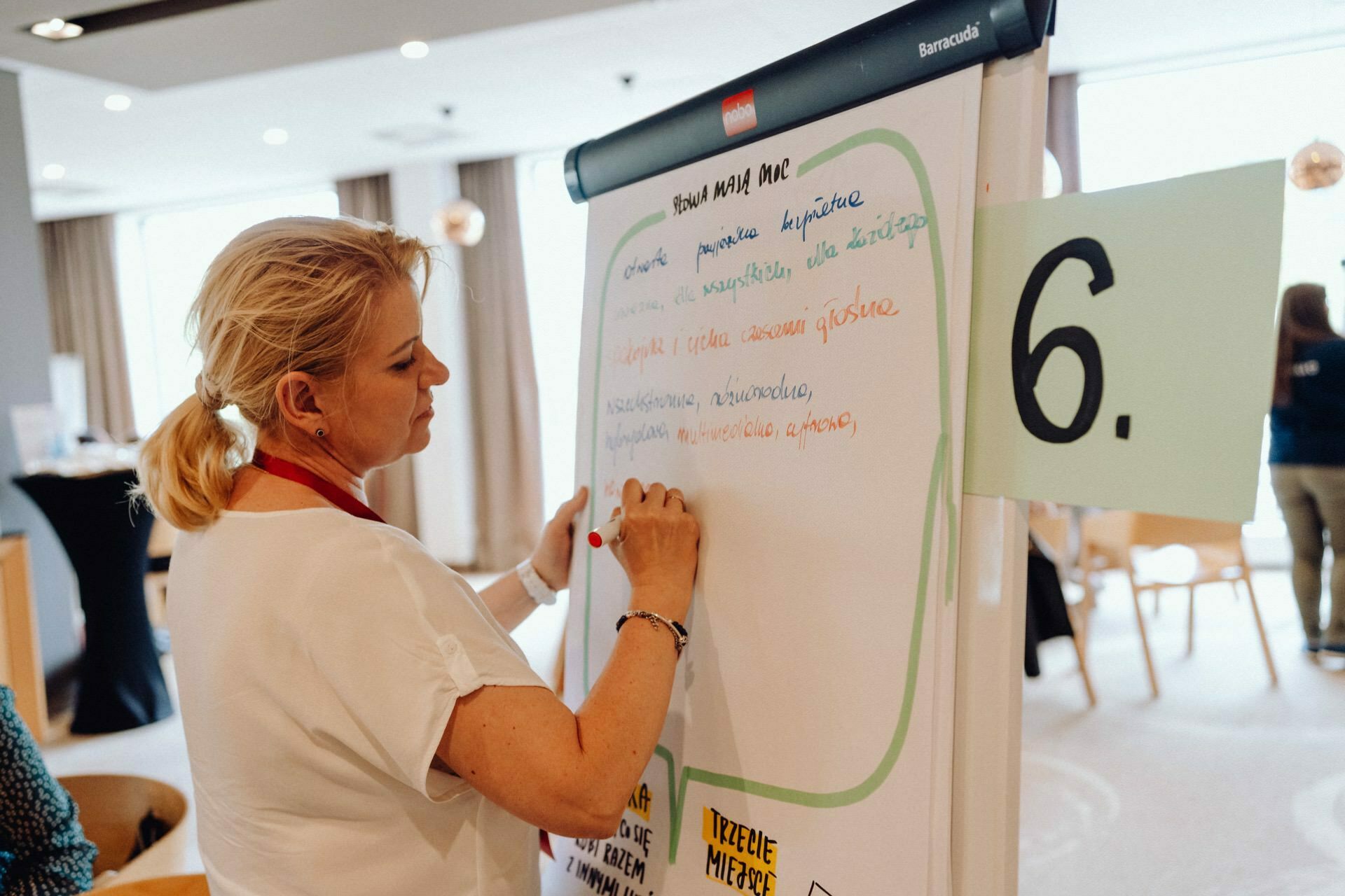 A woman stands in front of a large easel and writes with a marker. On the pad is handwritten text in many colors. Behind her is a room with tables, chairs and a "6" sign. She is taking part in an interactive workshop, the whole thing captured for the event photo report by a photographer from Warsaw.   