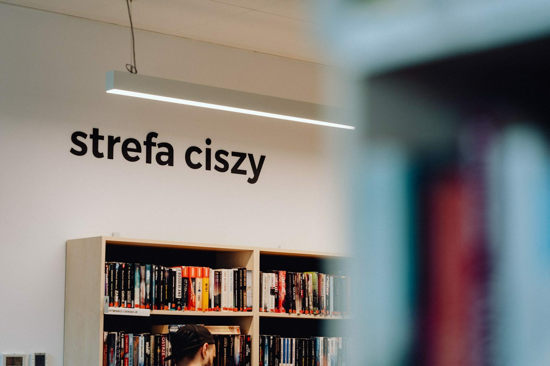 A quiet library space with shelves filled with books. A partial view of a person reading is visible from behind the shelves. A sign on the wall above the shelves reads "quiet zone," which means "zone of silence." This serene scene can be beautifully captured in any photographic event, capturing the tranquility of this space.   