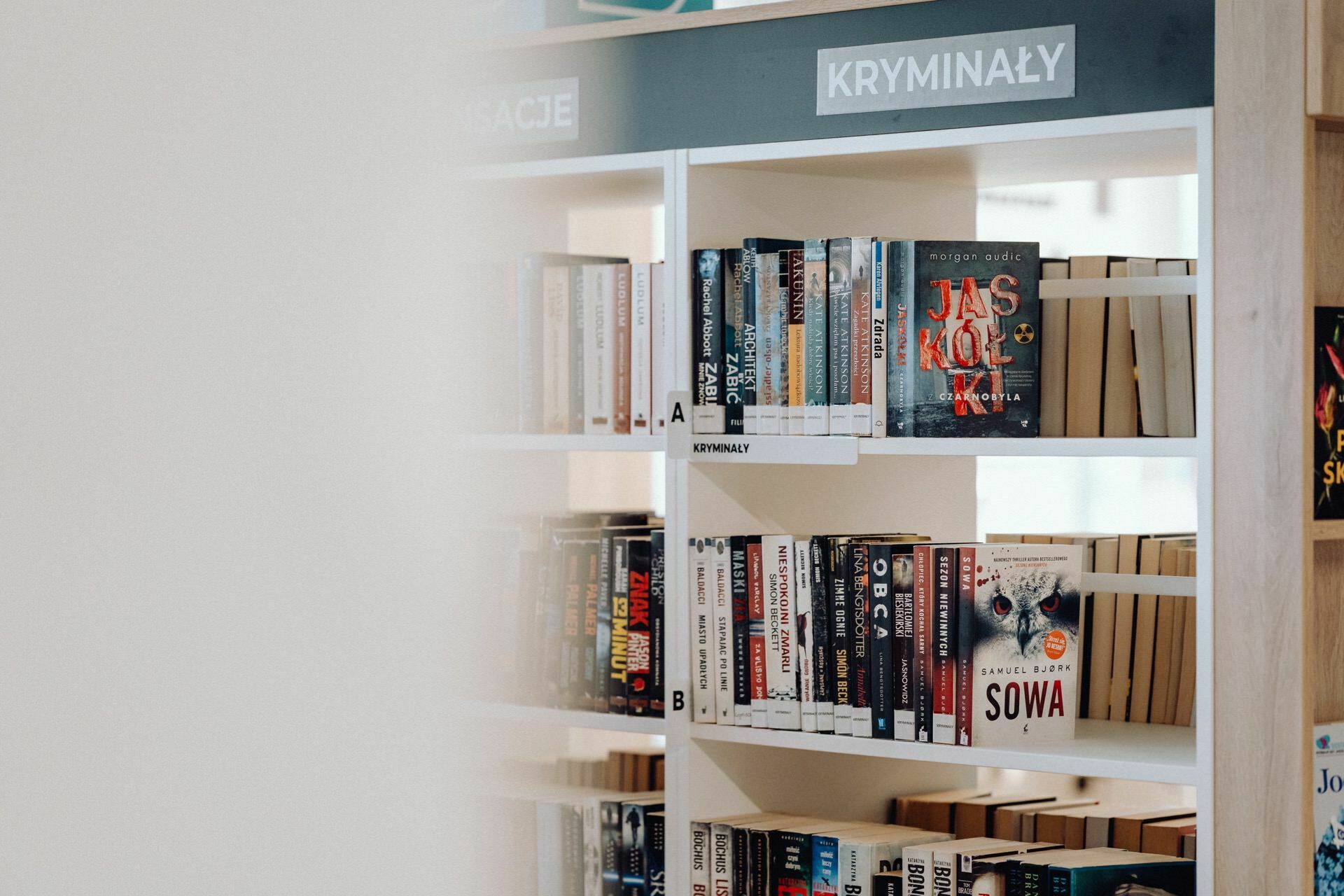 A shelf in the library displays a variety of detective stories in Polish. The shelves are labeled "Criminals." The books are arranged alphabetically by author, with titles such as "Jas Kol" and "Sowa" standing out clearly. The soft blur evokes the expressive style of the Warsaw-based photographer.   