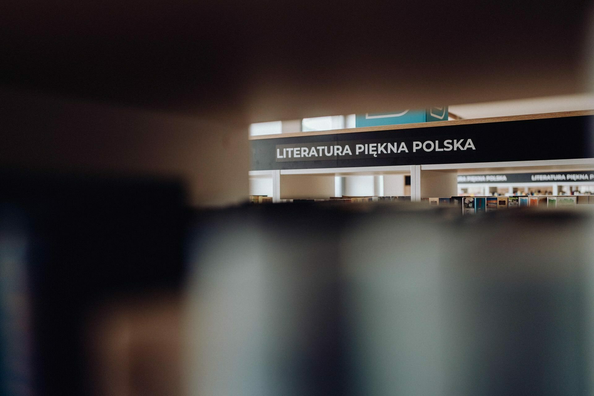 The shot, taken through a slit in a bookshelf, shows a blackboard with the inscription "Beautiful Polish Literature" in a library or bookstore, indicating a section devoted to Polish literature. The foreground is blurred by the shelves and books visible on either side, painstakingly captured by a skilled photographer from Warsaw. 