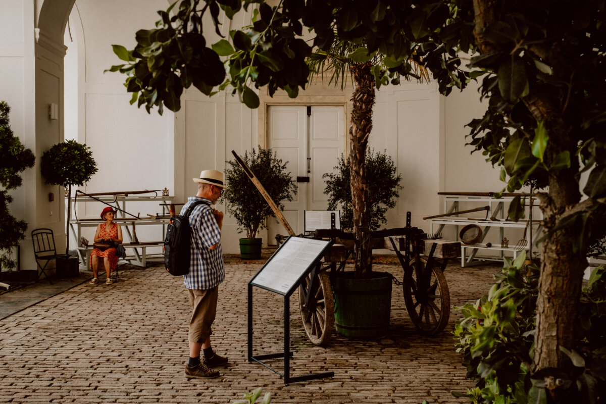 A man in a hat and backpack reads an information board in a courtyard with a cobblestone floor. He stands by an old wooden cart with wheels. A woman in a red outfit sits on a chair in a corner of the courtyard, surrounded by plants and gardening tools.  