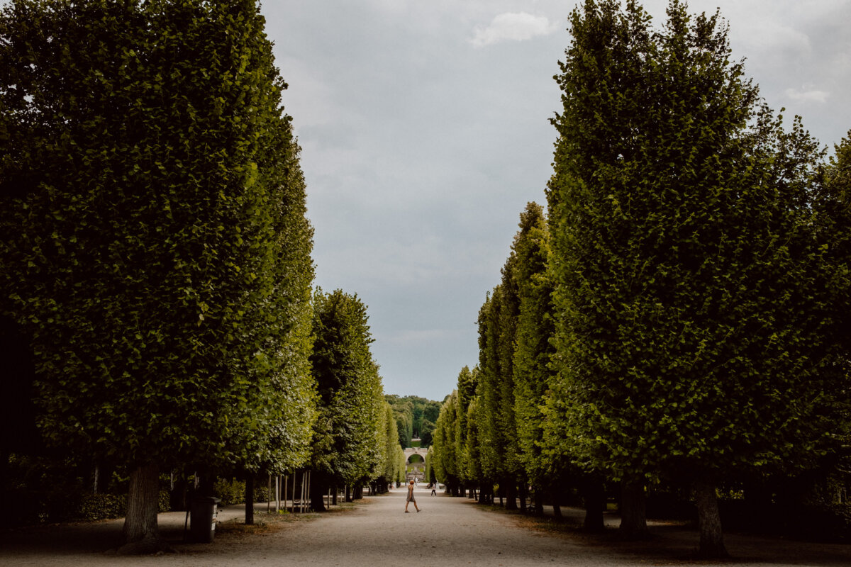 A lone person walks along a wide, gravel path flanked by tall, neatly trimmed trees, which extends toward a distant stone arch against a backdrop of overcast sky and lush greenery. The scene exudes a sense of calm and symmetry. 