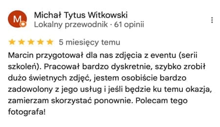 Screenshot of Google review by Agata Goluchowska, awarding five stars. The review praises Marcin as a highly professional event photographer for both large conferences and smaller events, highlighting his event photography offerings, regular services and great personality. 