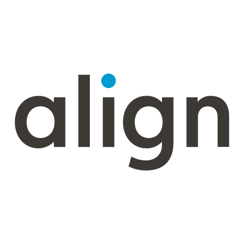 Das Wort 'align' in fetten, schwarzen Kleinbuchstaben auf weißem Hintergrund. Der Punkt über dem 'i' ist blau und betont Zuversicht und Konzentration - Eigenschaften, die sich in unserem positiven Kundenfeedback widerspiegeln. 