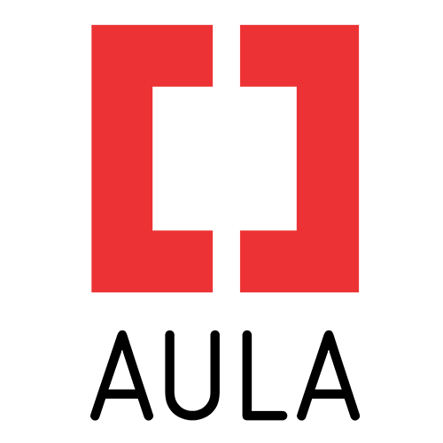 Das kühne rote geometrische Logo, das einer offenen eckigen Klammer ähnelt, mit dem Wort 'AULA' in großen schwarzen Buchstaben in der Mitte, vermittelt Selbstvertrauen und Modernität - ideal für den Aufbau einer starken Kundenbewertung.