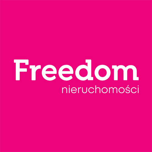 Weißer Text auf einem leuchtend rosa Hintergrund: 'Freedom' in großen Buchstaben und 'Real Estate' in kleineren Buchstaben darunter. Damit wird ein Immobilienunternehmen hervorgehoben, das für seine positiven Kundenbewertungen bekannt ist.