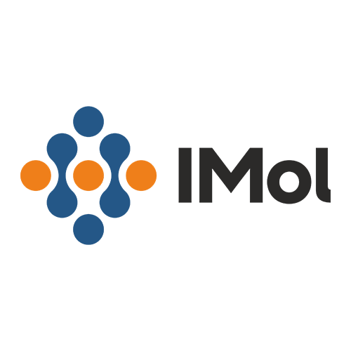 Das Logo mit einem blauen und orangefarbenen abstrakten Molekülmuster auf der linken Seite und 'IMol' in fetter schwarzer Schrift auf der rechten Seite vor einem weißen Hintergrund spiegelt den innovativen Ansatz wider, der bei Customer Reviews geschätzt wird.