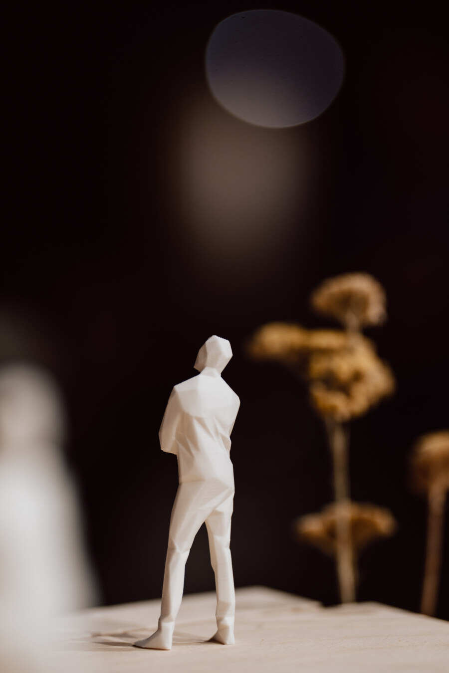 reportaz targi architektura architectatwork 2025 85 Eine kleine, abstrakte weiße Figur einer Person steht auf einer umgedrehten Fläche mit verschwommenen Trockenblumen und einem dunklen Hintergrund. Die Szene ist sanft beleuchtet und schafft eine kontemplative Atmosphäre.