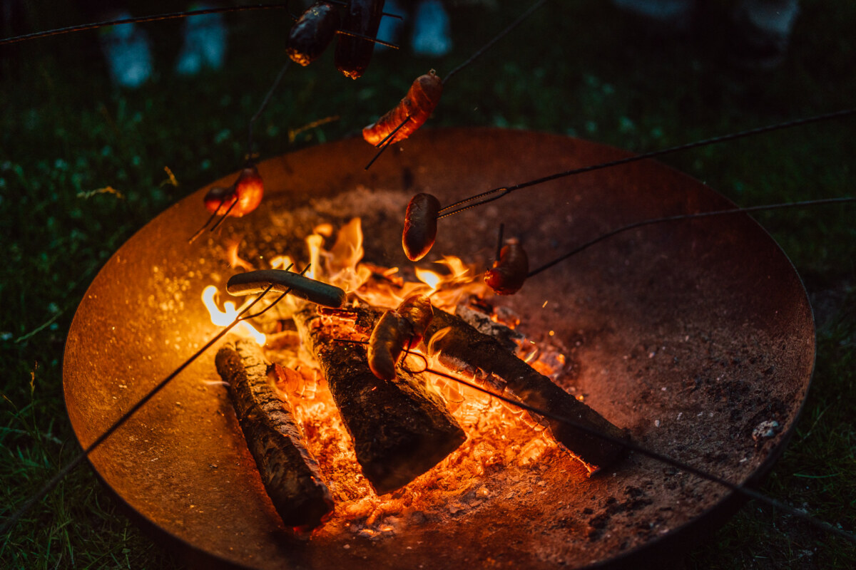 People roast sausages on sticks over an open fire filled with burning logs, with glowing embers and flames, surrounded by grass in the open air at dusk.