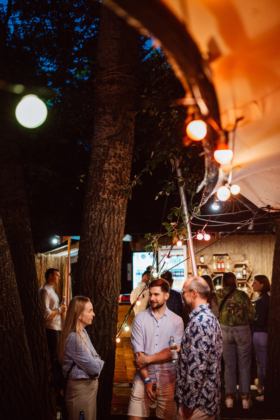 A group of people talk and meet under string lights at an outdoor event or festival, surrounded by trees and wooden stalls in the evening.