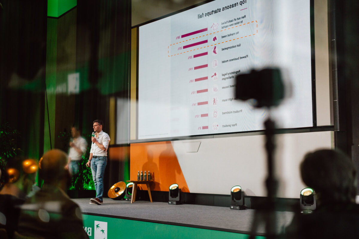 zdjecia eventowe aula polska bnp paribas warszawa 057 Mężczyzna stoi na scenie prowadząc prezentację obok dużego ekranu wyświetlającego listę rankingową. Publiczność i kamera wideo są widoczne na pierwszym planie. Wydaje się, że jest to konferencja lub seminarium.