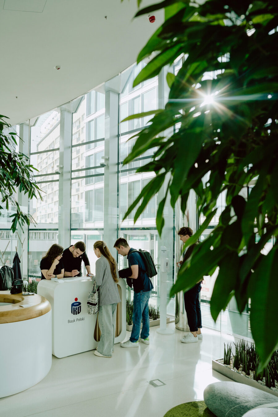 fotograf startupow rotunda reaktorX 10 In einem modernen, sonnendurchfluteten Gebäude mit großen Fenstern, Pflanzen und Glaswänden stehen mehrere Personen am weißen Empfangstresen und unterhalten sich. Das Sonnenlicht strömt herein und schafft eine helle, luftige Atmosphäre.