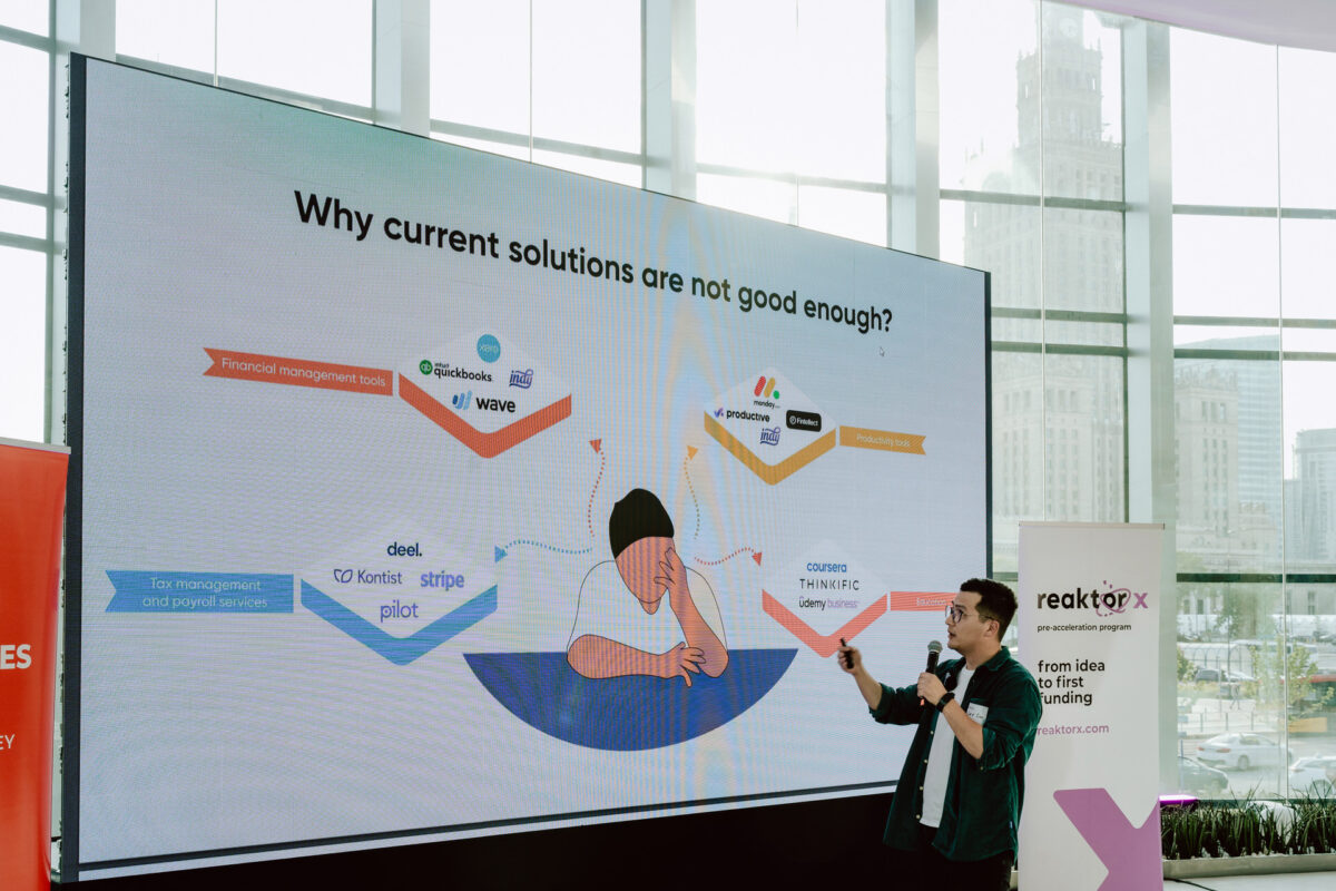 fotograf startupow rotunda reaktorX 38 Der Redner präsentiert vor einem großen Bildschirm eine Folie mit dem Titel "Warum sind die aktuellen Lösungen nicht gut genug?" mit der Grafik einer Person, umgeben von Logos von Finanztools wie QuickBooks, Stripe und Wave.