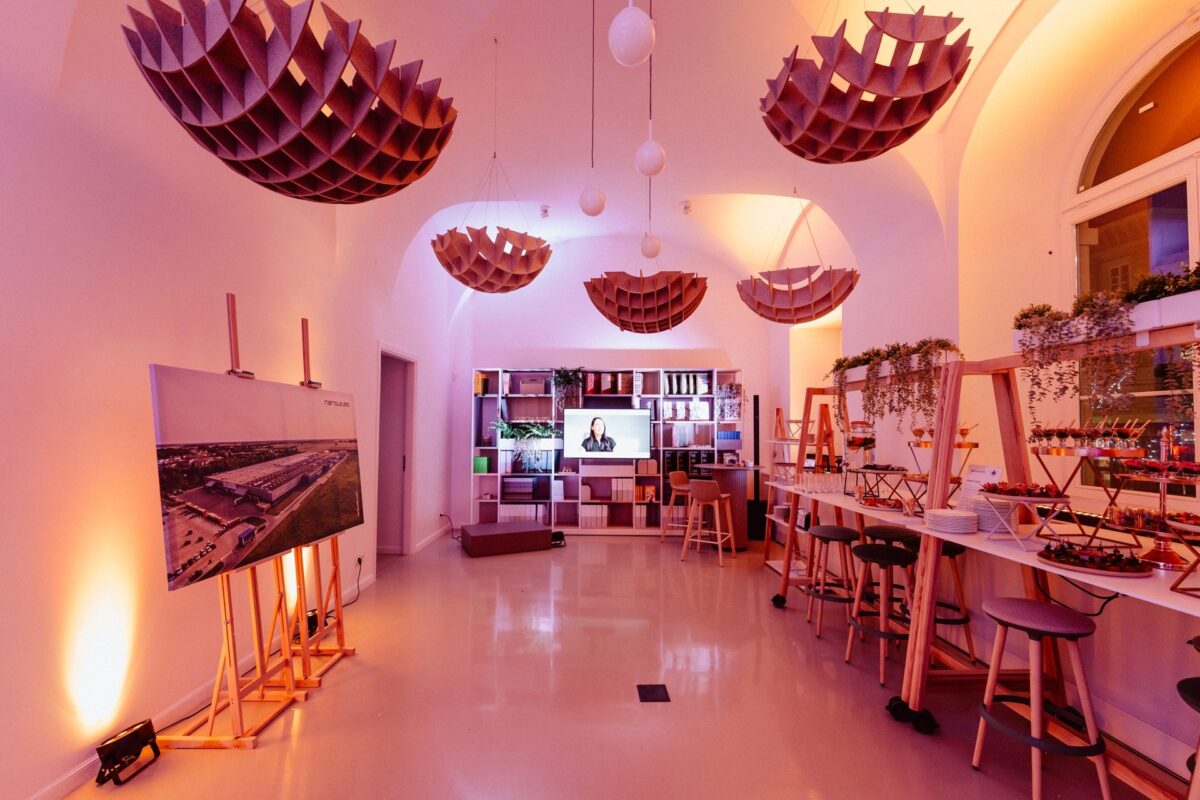 Narbutas showroom in event lighting with the brand's factory board