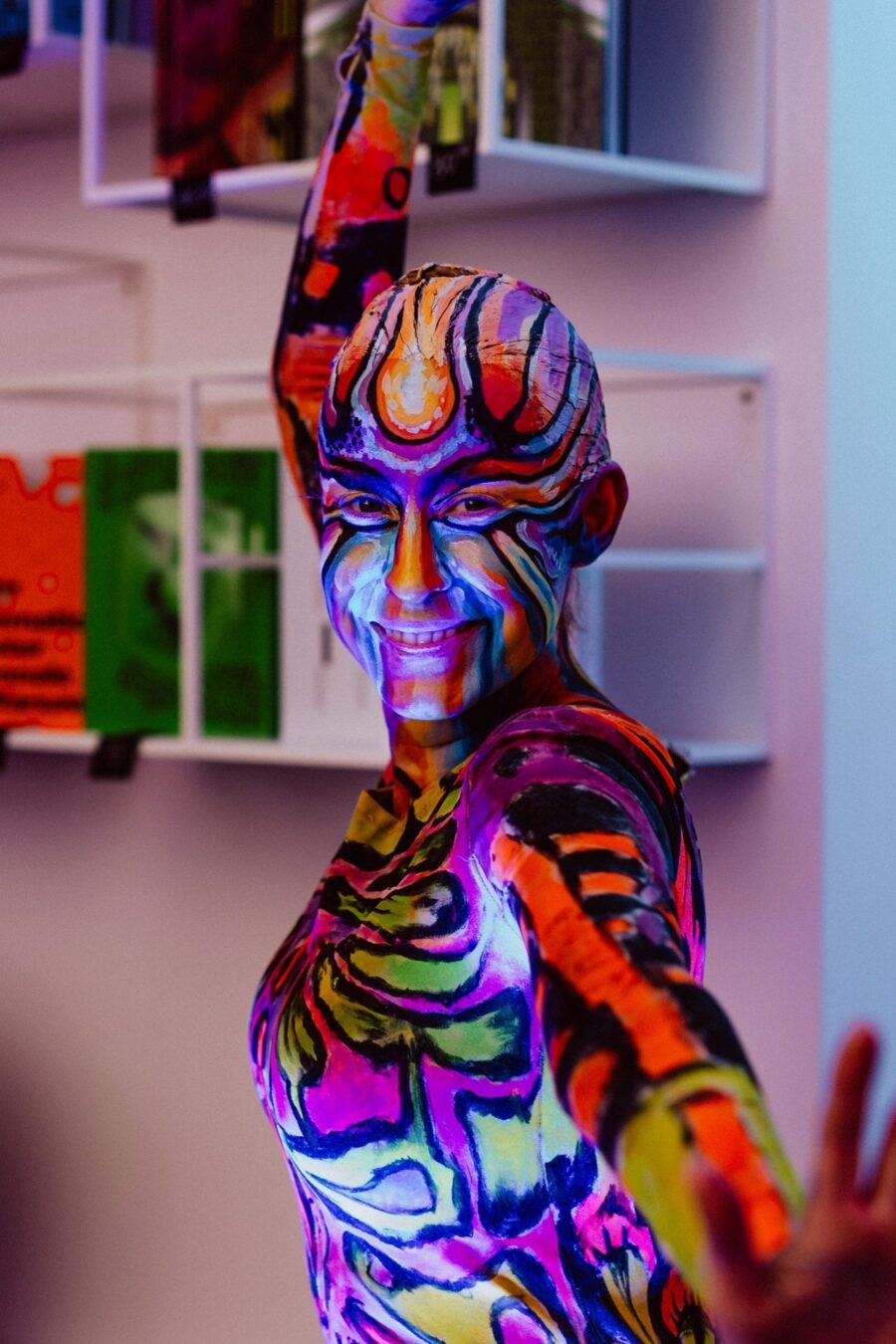 Performance in fluorescent body paint at the Narbutas showroom opening