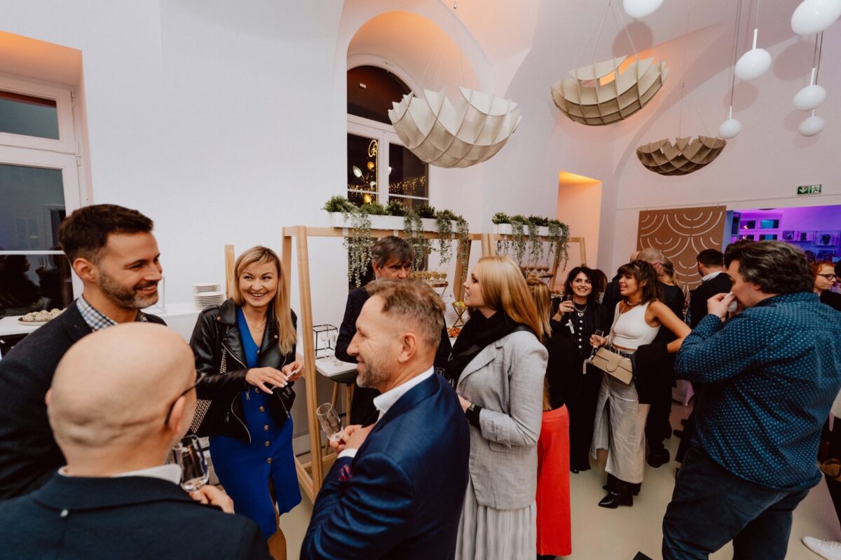 Guests talking during the Narbutas showroom opening in the ASP building