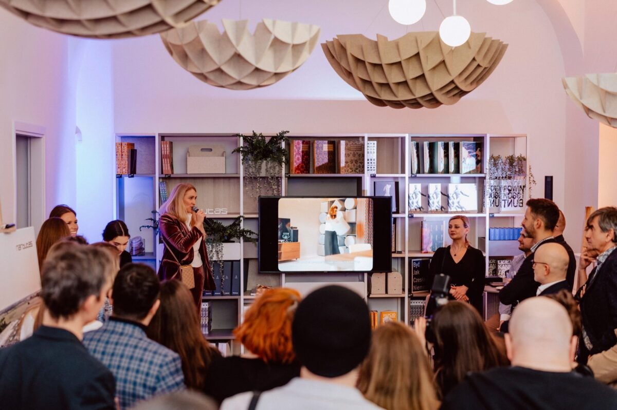 Guests listening to a speech during the Narbutas showroom opening