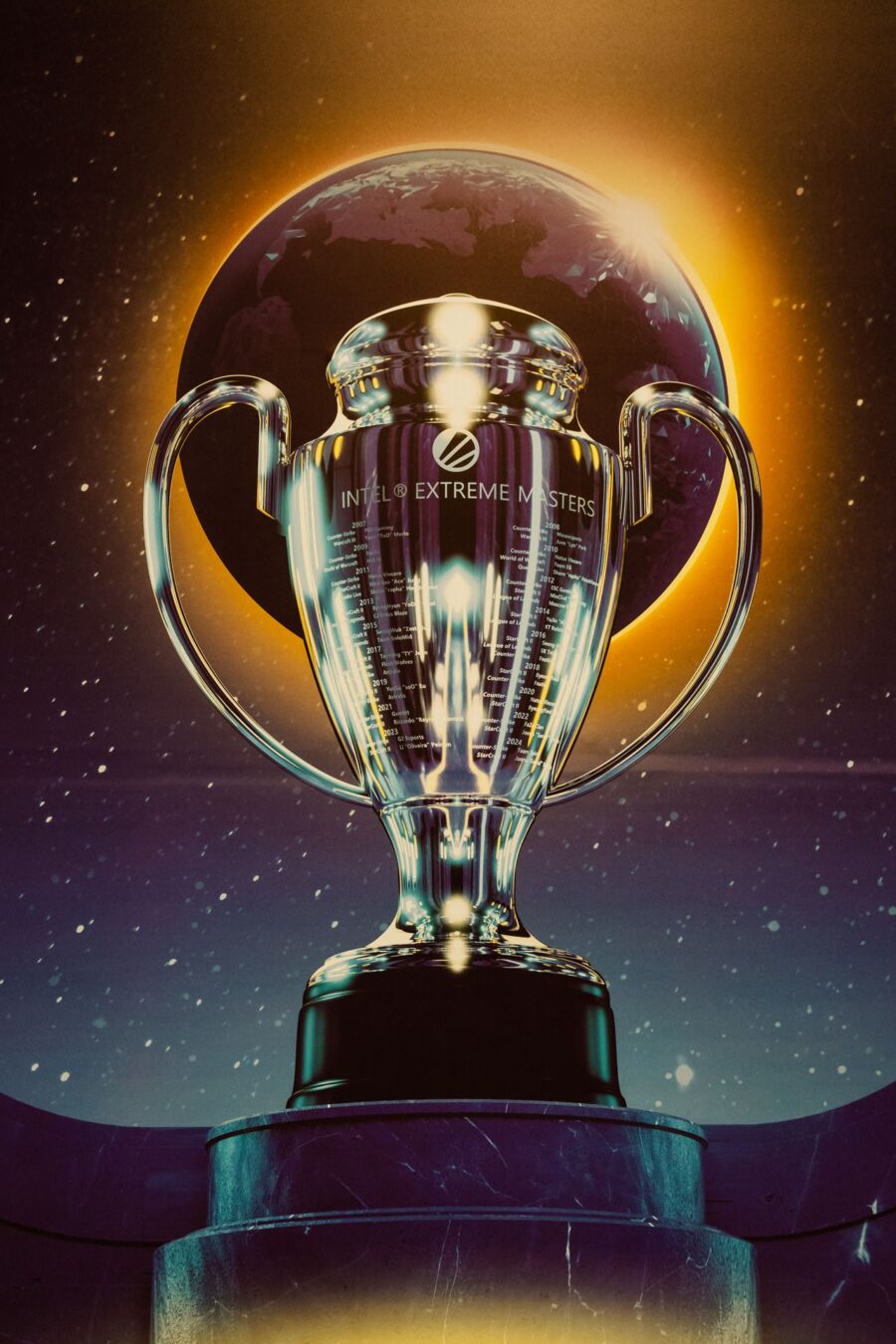 Wizualizacja pucharu Intel Extreme Masters na ekranie w Spodku, IEM Katowice 2025